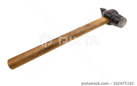 front view of old hammer with wooden handle cutout 102475192