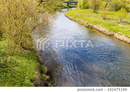 view of water of Istra river on sunny spring day view of water of Istra river on sunny spring day 102475199