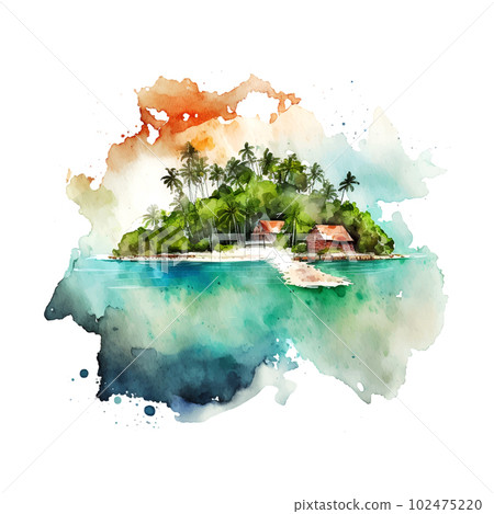 Watercolor scenic landscape maldives watercolor. White color background. Nature beauty. Aerial view. Luxury background. Summer seascape. Amazing nature background. Relax day. Watercolor scenic landscape maldives watercolor. White color background. Nature beauty. Aerial view. Luxury background. Summer seascape. Amazing nature background. Relax day. 102475220