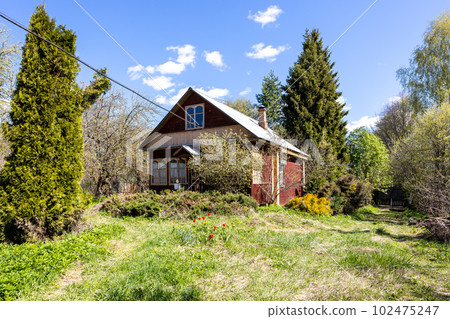 view of wooden cottage in overgrown courtyard view of wooden cottage in overgrown courtyard 102475247