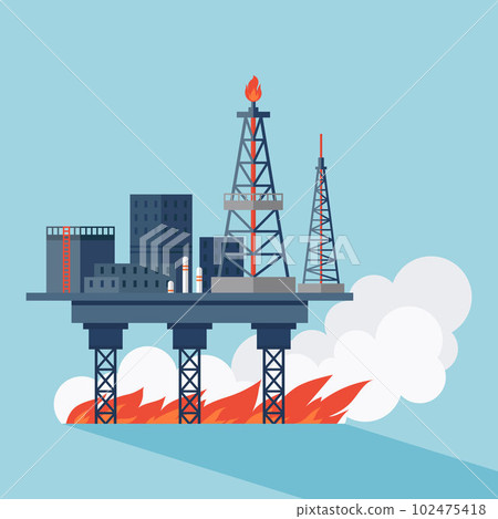 Oil derrick in fire. Industrial factories silhouette background. Oil and petroleum industry 102475418