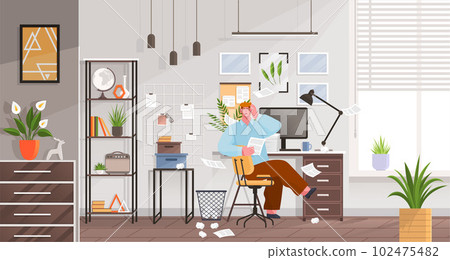 Confusion and mess. Stressed man office worker spreading paper. Tired confused worker in home office Confusion and mess. Stressed man office worker spreading paper. Tired confused worker in home office 102475482