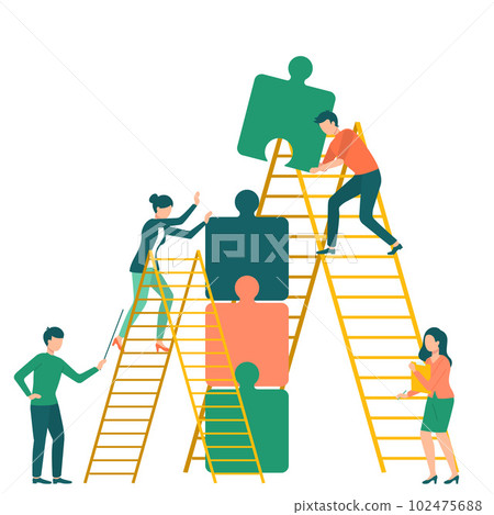 Company teamwork working together. Workers moving towards success using puzzles with help of ladders 102475688
