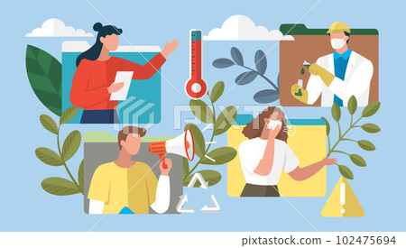 Scientists people set. Science lab worker, chemical researchers during meeting on global warming 102475694