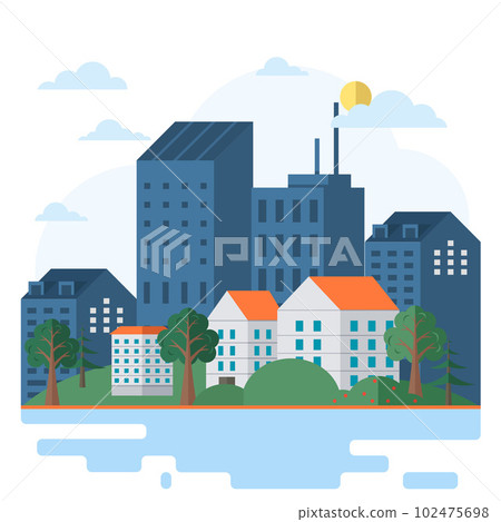 Landscape with nature and architecture. City street with houses and greenery on river bank 102475698