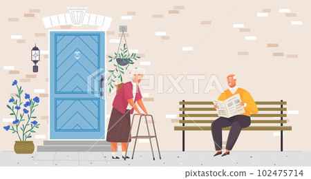 Senior lady and gentleman with silver hair walking together around house. Old age couple outdoors Senior lady and gentleman with silver hair walking together around house. Old age couple outdoors 102475714