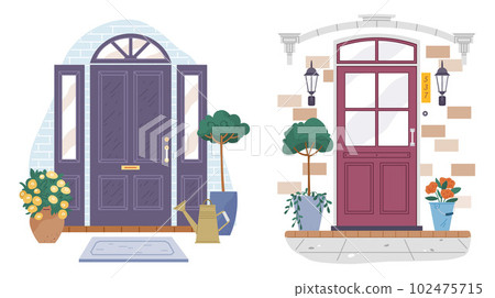 Set of different house entrances porches and closed doors. Entries to apartments with colored window 102475715