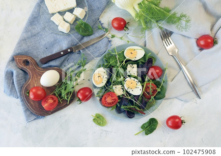 Salad of microgreens, lettuce, tomatoes, cheese and boiled eggs, on a plate 102475908
