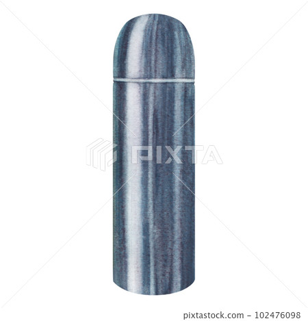 Watercolor illustration of metallic thermos for camping on a white background. Steel travel mug. Watercolor illustration of metallic thermos for camping on a white background. Steel travel mug. 102476098