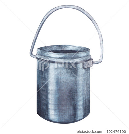 Watercolor illustration of metallic bucket for camping on a white background. Steel cauldron. Watercolor illustration of metallic bucket for camping on a white background. Steel cauldron. 102476100