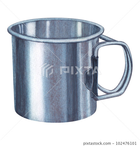 Watercolor illustration of metallic mug for camping on a white background. Steel cup. Hand drawn Watercolor illustration of metallic mug for camping on a white background. Steel cup. Hand drawn 102476101