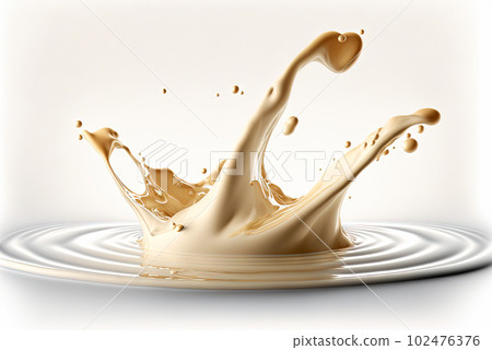 Milk splash with drops flying away. Splasj crown in the white milk. Generated AI. Milk splash with drops flying away. Splasj crown in the white milk. Generated AI. 102476376