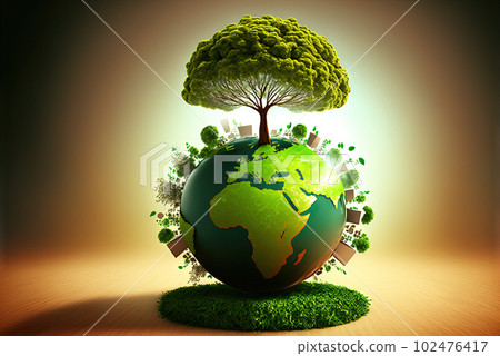 Ecological sustainability concept with stylized Earth as our home. Generated AI. 102476417