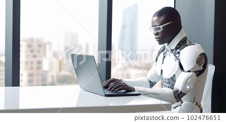 Man humanoid android cyborg, insta man working on laptop at day in crystals lights office. Generative AI Man humanoid android cyborg, insta man working on laptop at day in crystals lights office. Generative AI 102476651