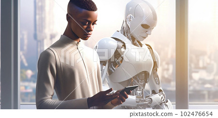 Humanoid android cyborg, insta man working on smartphone at day in crystals lights office. 3d rendering 102476654
