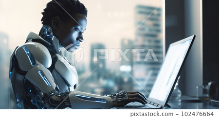 Man humanoid android cyborg, insta man working on laptop at day in crystals lights office. Generative AI 102476664