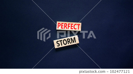 Perfect storm symbol. Concept words Perfect storm on beautiful wooden block. Beautiful black table black background. Business and Perfect storm concept. Copy space. 102477121