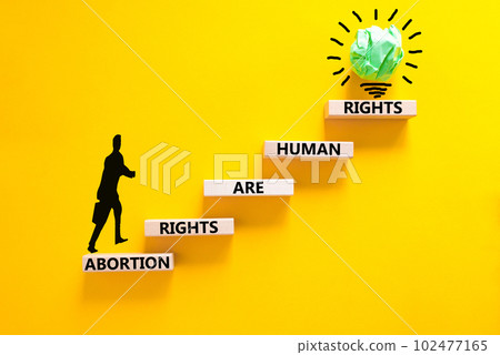 Abortion rights symbol. Concept words Abortion rights are human rights on wooden blocks. Businessman icon. Beautiful yellow background. Business medical abortion rights concept. Copy space. 102477165