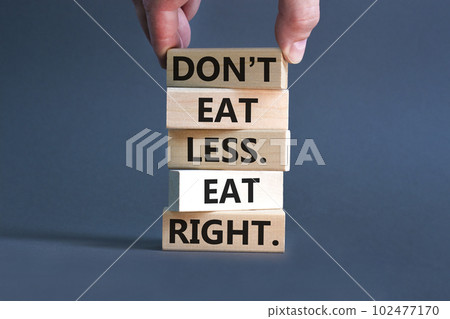 Eat less or right symbol. Concept words Do not eat less, eat right on wooden blocks. Beautiful grey table grey background. Doctor hand. Healthy lifestyle and eat less or right concept. Copy space. Eat less or right symbol. Concept words Do not eat less, eat right on wooden blocks. Beautiful grey table grey background. Doctor hand. Healthy lifestyle and eat less or right concept. Copy space. 102477170