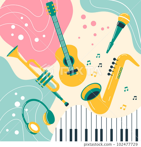Musical instruments on a colored background in boho style. Pastel colors. Background, poster, print, vector Musical instruments on a colored background in boho style. Pastel colors. Background, poster, print, vector 102477729