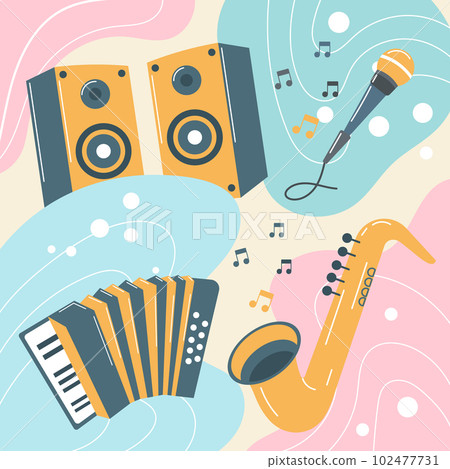 Musical instruments on a colored background in boho style. Pastel colors. Background, poster, print, vector Musical instruments on a colored background in boho style. Pastel colors. Background, poster, print, vector 102477731