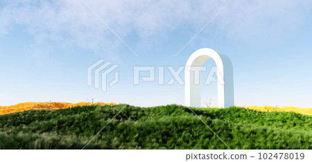 3d render Surreal green shaggy surface Grassland mountain landscape background in minimal concept, abstract fantastic dune, panoramic, futuristic beauty meadow.copy space, blue sky and cloudy 102478019