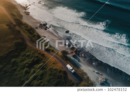 Aerial view ocean coast and recreational vehicle 102478152