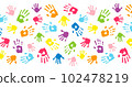Multicolor different hand prints, background made from colorful handprints. Palms and fingers colored in rainbow colors. Multicolor pattern for your design. 102478219