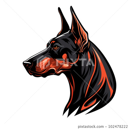 Ai generated doberman dog mascot. Isolated canine animal head emblem. Fierce symbol of strength, loyalty, and security, protection, and intelligence with its muscular build, and alert stance Ai generated doberman dog mascot. Isolated canine animal head emblem. Fierce symbol of strength, loyalty, and security, protection, and intelligence with its muscular build, and alert stance 102478222
