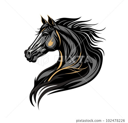 Ai generated horse stallion animal mascot. Equestrian club, horseback riding school or company emblem or t-shit print with stallion horse head. AI generated wild mustang with waving mane 102478226