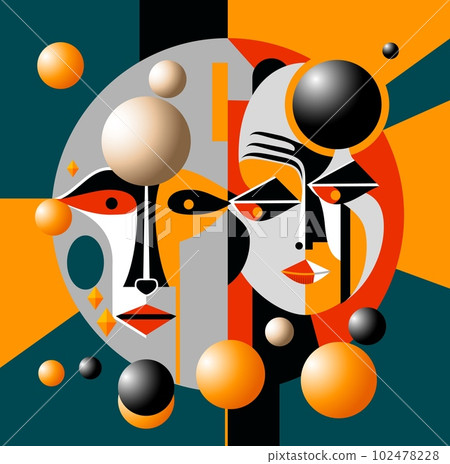 Ai generated abstract people faces. Colorful and unique abstraction art in cubism style featuring geometric shapes and bold lines. Expressive and imaginative portraits convey emotion and individuality 102478228