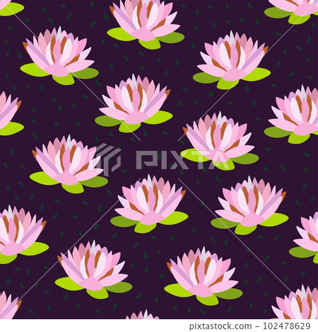 Vector seamless pattern with water lilies on dark violet background. 102478629