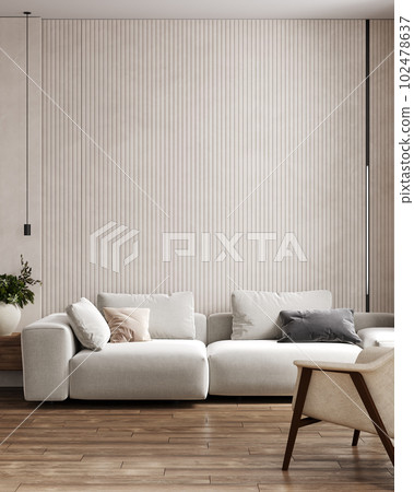 Beige living room with white couch. Modern interior design. Space beige background for mockup. 3d rendering Beige living room with white couch. Modern interior design. Space beige background for mockup. 3d rendering 102478637