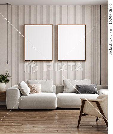 Two vertical poster frame mock up in scandinavian style living room interior, modern living room interior background, white sofa, 3d rendering Two vertical poster frame mock up in scandinavian style living room interior, modern living room interior background, white sofa, 3d rendering 102478638