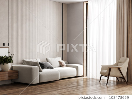Stylish beige living room interior with couch and armchair, panoramic window, 3d rendering Stylish beige living room interior with couch and armchair, panoramic window, 3d rendering 102478639