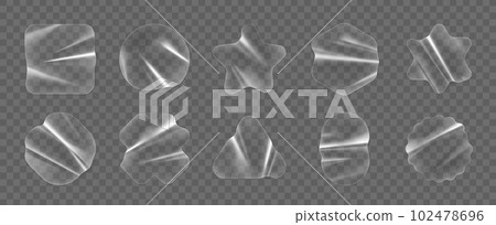 Realistic transparent plastic stickers, adhesive overlay patch. Clear plastic tape label, adhesive cellophane 3d realistic vector sticker or glossy PVC film round, cross and star shape patches set 102478696
