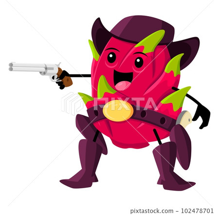Cartoon dragon fruit cowboy character. Funny vector tropical fruit ranger with gun and lasso wear hat, belt and boots. Wild west hero, sweet food western mustached personage, healthy food texas guy Cartoon dragon fruit cowboy character. Funny vector tropical fruit ranger with gun and lasso wear hat, belt and boots. Wild west hero, sweet food western mustached personage, healthy food texas guy 102478701
