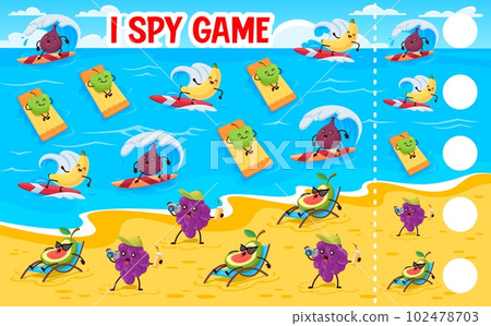 I spy game worksheet, cartoon funny fruits on summer beach vacation. Kids vector riddle how many figs, bananas, apples, grapes and avocado. Children test, education task for baby mind development I spy game worksheet, cartoon funny fruits on summer beach vacation. Kids vector riddle how many figs, bananas, apples, grapes and avocado. Children test, education task for baby mind development 102478703
