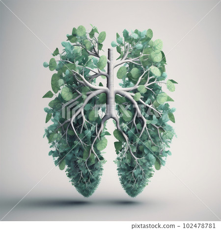Concept of human lungs made with green leaves. Fresh air background. AI generated 102478781