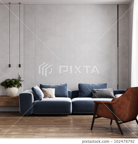 Stylish interior of bright living room with blue sofa and armchair, living room interior mockup. Modern design room with bright daylight. 3d render 102478792