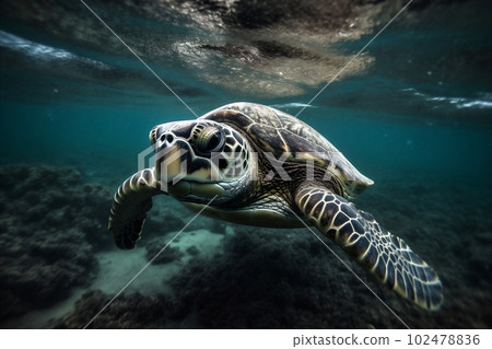 Close Up portrait of happy sea turtle swimming underwater. AI generated. 102478836