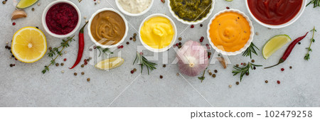 Different types of sauces in bowls 102479258