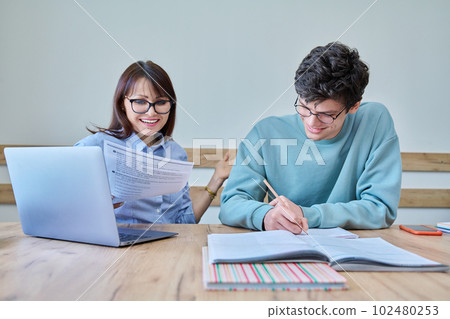 Young teenage male studying languages with teacher in classroom 102480253