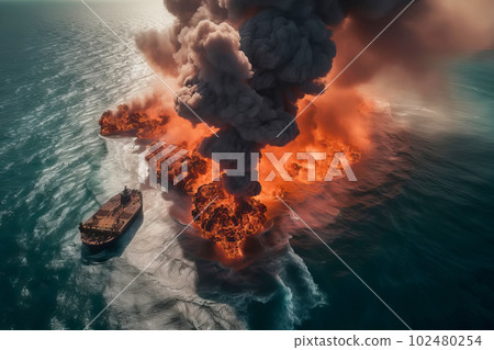 Aerial view of Cargo tanker ship explosion with fire and smoke. Generative AI illustration 102480254