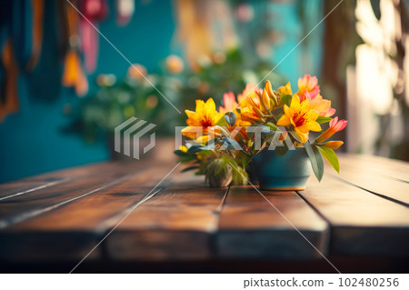 Empty wooden tabletop with colorful flowers background for advertising and presentation. Selective focus on tabletop. Generative AI illustration Empty wooden tabletop with colorful flowers background for advertising and presentation. Selective focus on tabletop. Generative AI illustration 102480256