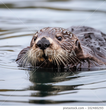 Sea otter swims in water close-up portrait, unusual animal Sea otter swims in water close-up portrait, unusual animal 102480293