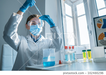 Scientist, chemist conducting an experiment on the synthesis of a new pharmaceutical drug in the laboratory. Research in a medical laboratory to identify new ways to diagnose and treat cancer. Scientist, chemist conducting an experiment on the synthesis of a new pharmaceutical drug in the laboratory. Research in a medical laboratory to identify new ways to diagnose and treat cancer. 102480296