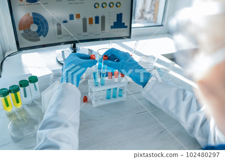 A medical worker performing tests on instruments in a chemical laboratory. a scientist conducting research in the laboratory to identify new treatments for infectious diseases. A medical worker performing tests on instruments in a chemical laboratory. a scientist conducting research in the laboratory to identify new treatments for infectious diseases. 102480297