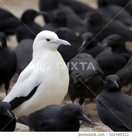 One white crow among blacks, a symbol of individuality, difference from others, personality One white crow among blacks, a symbol of individuality, difference from others, personality 102480322