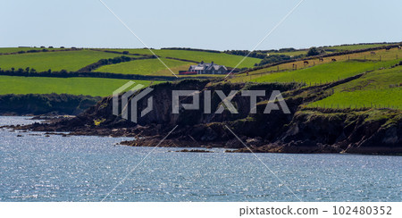 A small house on a rocky Irish shore on a sunny summer day. Atlantic coast of Ireland, landscape. Green hills. Green grass field 102480352